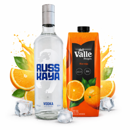 Vodka RUSSKAYA Botella 750ml + Frugos del VALLE Naranja 970ml