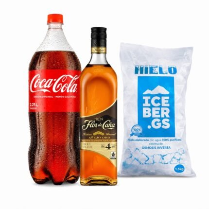Combo, Ron FLOR DE CAÑA ORO 4 años 750ml + Coca Cola 2.25L + Hielo 1.5kg